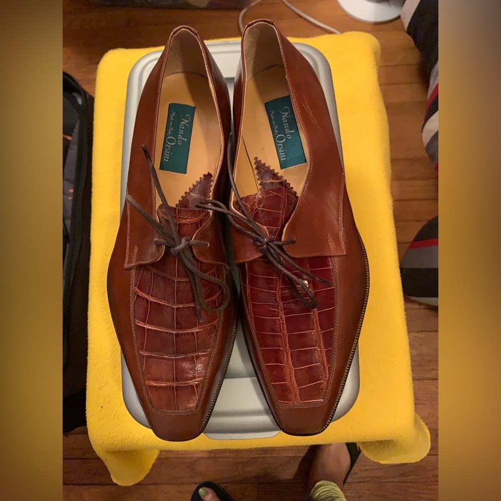 Nandi Orisini Brown Leather Croc-Embossed Lace-Up Dress Shoes